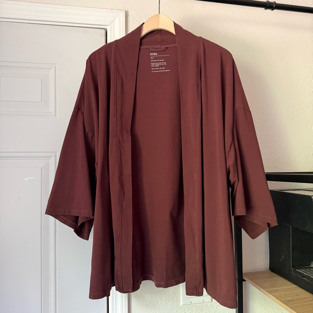 STORQ brown cotton spandex soft boxy kimono robe‎ cardigan buttonless top